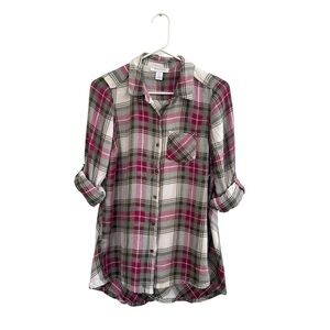 Motherhood Maternity Women's Pink/Green Plaid Flannel Roll Tab Sleeve Shirt S